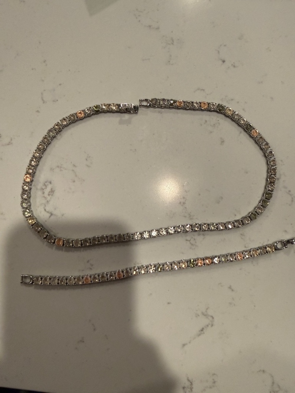 COACH Rhinestone Tennis Necklace and Bracelet Set - Silver Iridescent Accents